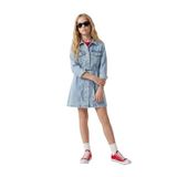 Uzun Kollu Gömlek Yaka Cepli Kemerli Denim Elbise