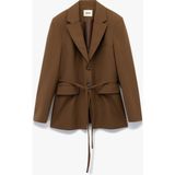 Uzun Kollu Kruvaze Kemer Bağlama Detaylı Oversize Blazer Ceket - Kahve - 42