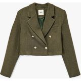 Uzun Kollu Kruvaze Tüvit Crop Blazer Ceket - Yeşil - 34