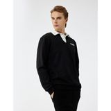 Uzun Kollu Pamuklu Düğmeli Nakışlı Renk Kontrastlı Polo Yaka Sweatshirt