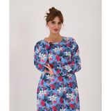 Uzun Kollu Pamuklu Süprem Kumaş Midi Boy Elbise - 2XL - Mavi Çiçekli