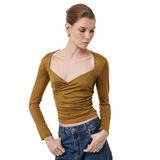 Uzun Kollu Slim Fit Kruvaze V Yaka Saten Bluz