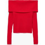 Uzun Kollu Slim Fit Omzu Açık Fitilli Triko Kazak - Kırmızı - XS