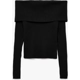 Uzun Kollu Slim Fit Omzu Açık Fitilli Triko Kazak - Siyah - XS