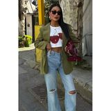 Uzun Kollu Ve Düğme Kapamalı Kruvaze Yakalı Oversize Blazer Kadın Keten Ceket Haki