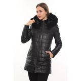 Uzun Model Tüylü Kapişonlu Şişme Kadın Mont