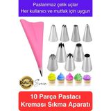 Uzun Ömürlü 10 Parça Paslanmaz Çelik Pasta Krema Sıkma Aparatı Seti Kesesi Torbası Dekoratif Süsleme - çok renk - Beyaz