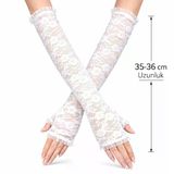 Uzun Zarif Dantel Eldiven Parmaksız Beyaz 35 Cm (5067)