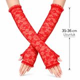 Uzun Zarif Dantel Eldiven Parmaksız Kırmızı 35 Cm (4741)