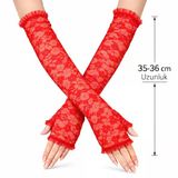 Uzun Zarif Dantel Eldiven Parmaksız Kırmızı 35 Cm (5067)