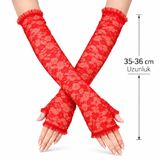 Uzun Zarif Dantel Eldiven Parmaksız Kırmızı 35 cm (5264)