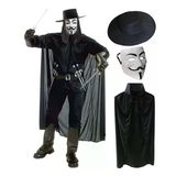 V For Vendetta Maskesi Şapkası Pelerin Kostüm Seti Yetişkin Boy