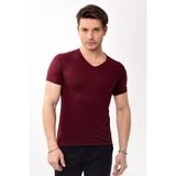 V Yaka Basic Slim Fit Erkek Tişört T-Shirt Bordo
