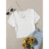 V Yaka Beyaz Renk Fitilli Kısa Kollu Regular Crop Top Bluz