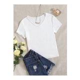V Yaka Beyaz Renk Fitilli Kısa Kollu Slim Fit Crop Top Bluz