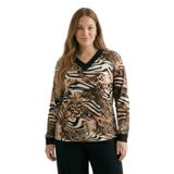 V Yaka Bluz – Ribanalı Yaka ve Manşet, Rahat Kesim-Zebra & Leopar Desen-6XL