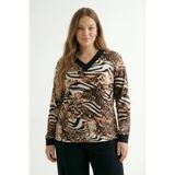V Yaka Bluz – Ribanalı Yaka ve Manşet, Rahat Kesim-Zebra & Leopar Desen-XL