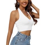 V Yaka Boyundan Askılı Beyaz Renk Desensiz Kolsuz Fitilli Likralı Fit Crop Top Bluz