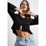 V Yaka Fırfırlı Bluz Siyah