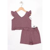 V Yaka Sıfır Kol Fırfır Detaylı Murdum Renk Renk Kız Cocuk Sortlu Takım - 6 - 7 Yaş - Mürdüm