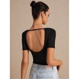 V Yaka Sırtı Açık İpli Siyah Renk Fitilli Kısa Kollu Slim Fit Crop Top Bluz