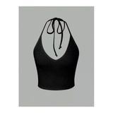 V Yaka Siyah Renk Desensiz Boyun Bağlamalı Fitilli Kısa Kolsuz Likralı Fit Crop Top Bluz