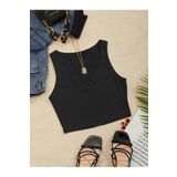 V Yaka Siyah Renk Fitilli Crop Top Bluz