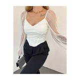 V YAKA TÜL DETAYLI BEYAZ CROP BLUZ Beyaz S