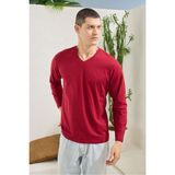 V Yaka Uzun Kollu %100 Pamuk T-Shirt - Erkek Tek Üst - Bordo - 2XL