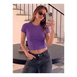 VACHT Kadın Mor Bisiklet Yaka Kısa Kollu Fitilli Kaşkorse Crop Bluz