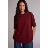VACHT Kadın Oversize Salaş Tişört Basic Düz Baskısız Bordo