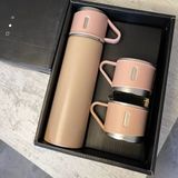 Vacuum Termos Paslanmaz Çelik 500 ml Sıcak-Soğuk Termos Seti 3 Bardaklı - Pembe
