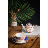 Vadi Butterfly 4 Parça Kelebek Desenli Çay Ve Kahve Fincanı + Porselen Demlik Seti