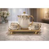 Vadi Gold Detaylı Porselen Çay ve Kahve Seti – Tepsili 6 Parça Çay ve Kahve Sunum Seti - Beyaz - Gold