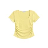 Vadon 1006 Kadın Pamuklu Kare Yaka Yan Büzgü Detaylı Basic Crop T-Shirt Bluz Tereyağı Sarısı