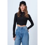 VAGGON Kadın Siyah Dik Yaka Fermuarlı Ottoban Parmaklı Crop Hırka Vs01321