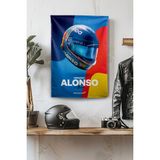 Vagonik F1 Temalı Alonso Kask Duvar Örtüsü Halısı Tapestry Formula 1 - Mavi - 50 x 70 cm