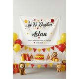 Vagonik Kişiye Özel Sarı-Kırmızı Doğum Günü Duvar Örtüsü Kumaş Modern Tasarım Dekoratif - 70 x 100 cm - Sarı - Kırmızı