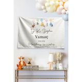 Vagonik Winnie The Pooh Temalı Kişiye Özel Doğum Günü Duvar Örtüsü Kumaş 140 x 200 cm - Beyaz