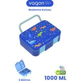 Vagonlife 1000 ml Tek Kat Sızdırmaz,karışmaz Üç Bölmeli Taşıma Kulplu Çocuk Beslenme Kutusu -FFB092-1000 - Mavi