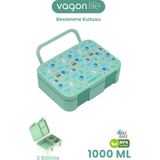 Vagonlife 1000 ml Tek Kat Sızdırmaz,karışmaz Üç Bölmeli Taşıma Kulplu Çocuk Beslenme Kutusu -FFB092-1000 - Yeşil