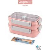 Vagonlife 1200 ml Iki Kat Üç Bölme Paslanmaz Çelik Bento Lunch Box Yeni Nesil Sefer Tası Çelik Kaşıklı -22FF15 - Pembe