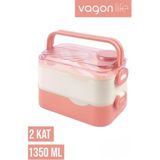 Vagonlife 1350 ml Iki Kat Üç Bölme Paslanmaz Çelik Lunch Box Yeni Nesil Sefer Tası-Sos Kaseli Model- - Pembe