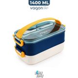 Vagonlife 1400 ml Iki Kat Üç Bölme Paslanmaz Çelik Lunch Box Yeni Nesil Sefer Tası - Kaşıkçatallı -1400462 - Lacivert