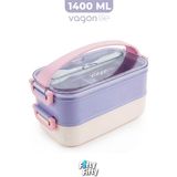 Vagonlife 1400 ml Iki Kat Üç Bölme Paslanmaz Çelik Lunch Box Yeni Nesil Sefer Tası - Kaşıkçatallı -1400462 - Mor