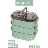 Vagonlife 1450 ml 3 Kat Çelik (2 Kat Kullanılabilir) Bento Lunch Box Yeni Nesil Sefer TASI-FFLBOX7083 - Yeşil
