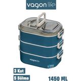 Vagonlife 1450 ml 3 Kat Çelik 2 Kat Kullanılabilir Bento Lunch Box Yeni Nesil Sefer Tası - Lacivert