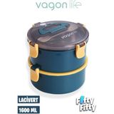 Vagonlife 1600 ml Iki Kat Yuvarlak Paslanmaz Çelik Bento Lunch Box Yeni Nesil Sefer Tası-Çatallıkaşı