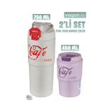 Vagonlife 2'li Çelik Termos-Kahve Bardağı Seti 750ML Çift Kullanım Termos//450ML Mug Kahve Bardağı - Beyaz - Mor
