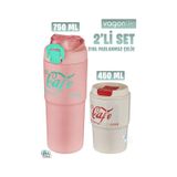 Vagonlife 2'li Çelik Termos-Kahve Bardağı Seti 750ML Çift Kullanım Termos//450ML Mug Kahve Bardağı - Beyaz - Pembe